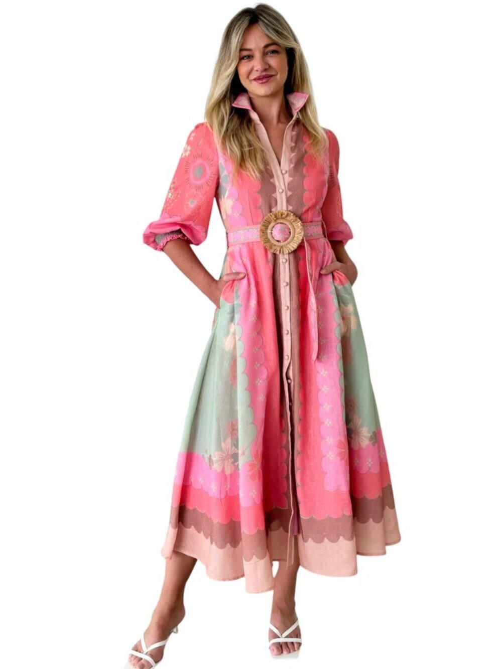 NWT 3/4 Sleeve V-Neck Coral Linen Floral Midi Shirt Dress Ave the Label Size 14 - Picture 4 of 8